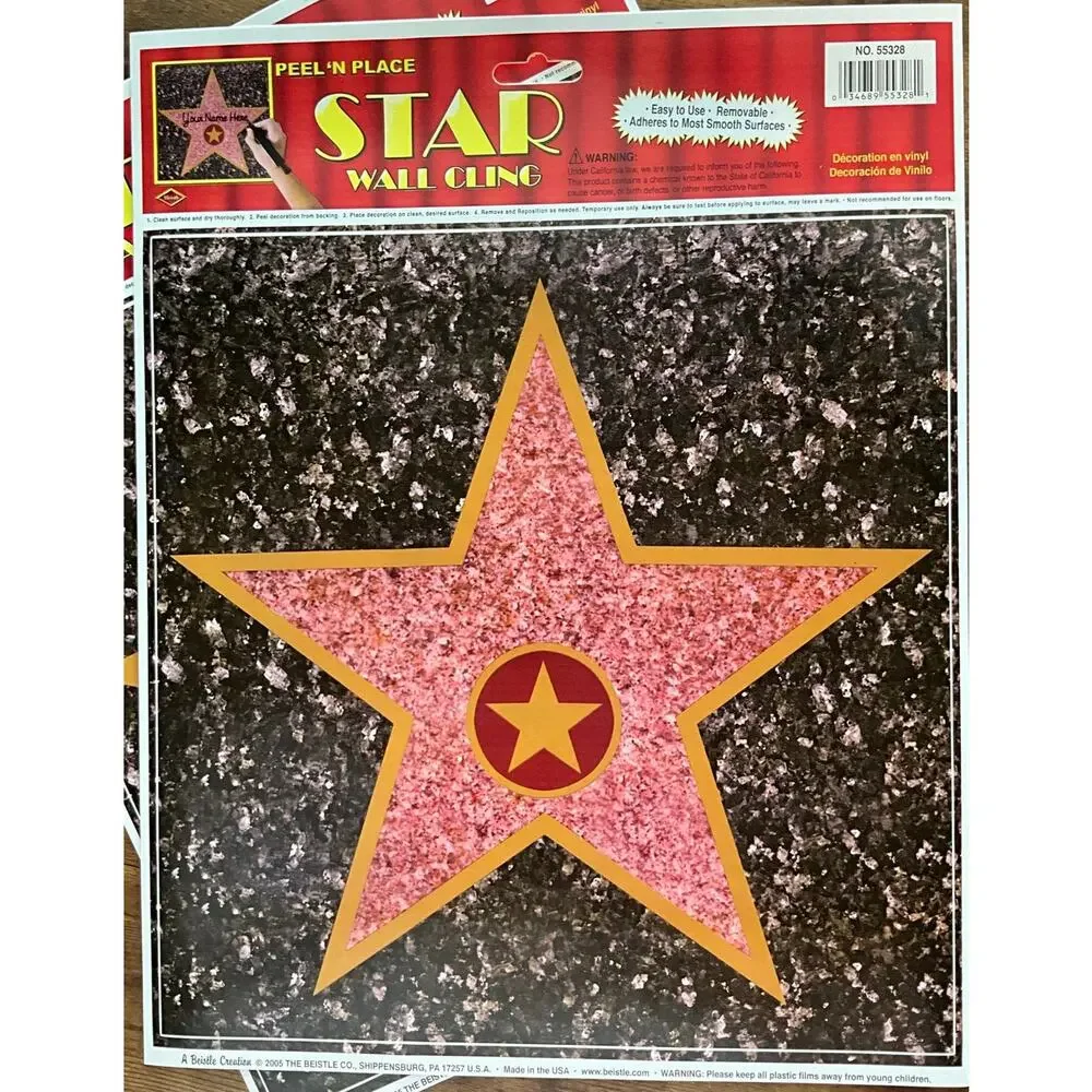 3 Pack 12”x15” Hollywood Star Peel 'N Place Wall Cling/Party Accessory/Birthday